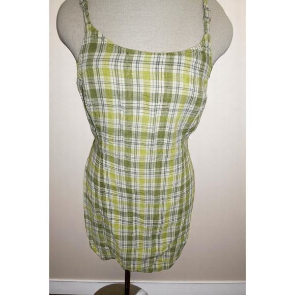 Y2K Green Plaid Linen Mini Dress - Evolution - Size S - Picture 2 of 9